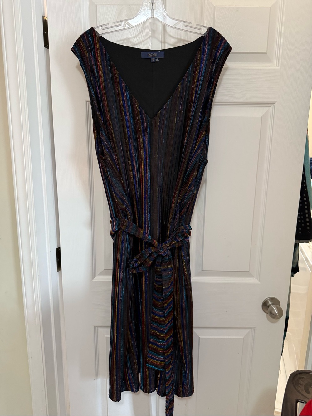 RACHEL Rachel Roy Black Midi Dress with Metallic Multicolor Stripes